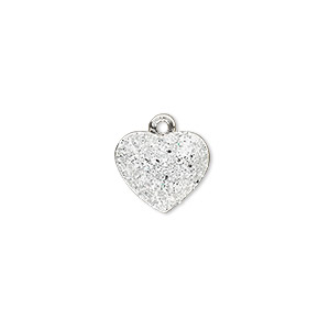 Charm, silver-plated &quot;pewter&quot; (zinc-based alloy), white glitter, 13x11mm single-sided puffed heart. Sold individually.
