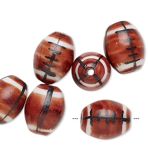 Bead, painted glass, opaque brown / black / white, 15x12mm-16x12mm handmade  football. Sold per pkg of 6. - Fire Mountain Gems and Beads