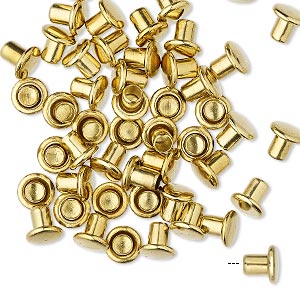 Rivet, brass, 5.5x5mm with 3mm shank and 2.5mm inside diameter, fits 3.5-5mm hole. Sold per pkg of 50.