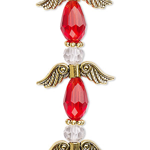 Bead, crystal and antique gold-finished &quot;pewter&quot; (zinc-based alloy), transparent red and clear, 23mm angel. Sold per pkg of 4.