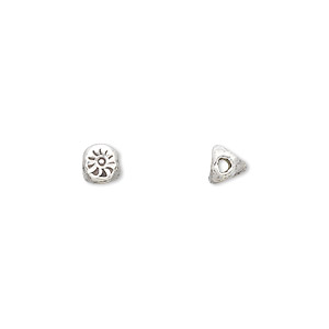 Bead, Hill Tribes, antiqued fine silver, 6x5mm triangle rondelle with stamped sun design. Sold per pkg of 2.