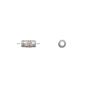 Bead, Hill Tribes, antiqued fine silver, 6x3mm round tube with flower. Sold per pkg of 2.
