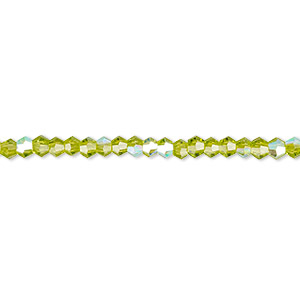 Bead, Celestial Crystal&reg;, 16-facet, translucent peridot green AB, 3mm faceted bicone. Sold per 15-1/2&quot; to 16&quot; strand, approximately 160 beads.
