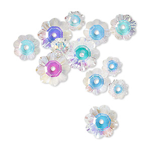 Bead, Celestial Crystal&reg;, translucent clear AB, 10x3.5mm / 8x3mm / 6x2mm margarita flower. Sold per pkg of 12.