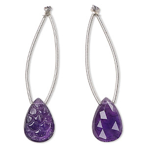 Bead, amethyst (natural), 18x12mm top-drilled carved hand-cut two-sided teardrop, B grade, Mohs hardness 7. Sold individually.
