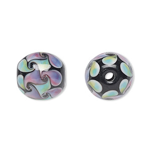 Bead, lampworked glass, opaque multicolored, 14mm round with swirl design. Sold per pkg of 2.