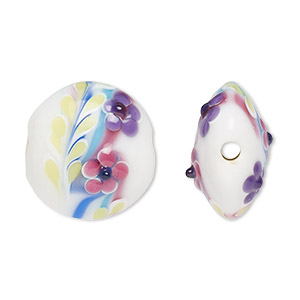 Bead, lampworked glass, opaque multicolored, 19mm puffed flat round with flower and dot design. Sold per pkg of 2.
