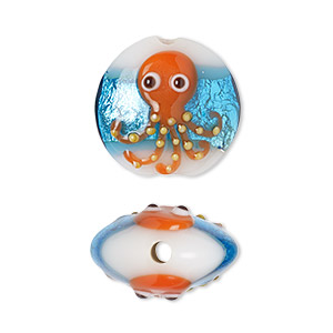 Bead, lampworked glass, opaque multicolored with silver-colored foil, 19mm puffed flat round with octopus design. Sold per pkg of 2.