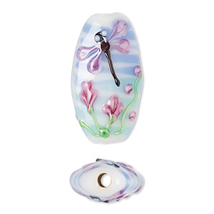 Bead, lampworked glass, opaque multicolored, 28x16mm puffed oval with dragonfly and flower design. Sold per pkg of 2.