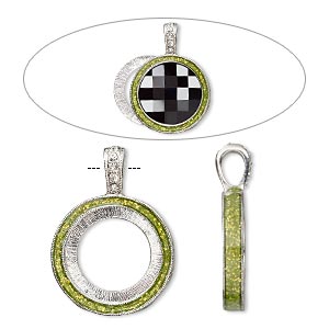 Pendant, Almost Instant Jewelry&reg;, epoxy / crystals / imitation rhodium-finished &quot;pewter&quot; (zinc-based alloy), peridot green and crystal clear with glitter, 33x24mm single-sided with 20mm round setting. Sold individually.