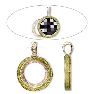 Pendant, Almost Instant Jewelry&reg;, epoxy / crystals / gold-finished &quot;pewter&quot; (zinc-based alloy), peridot green and crystal clear with glitter, 33x24mm single-sided with 20mm round setting. Sold individually.