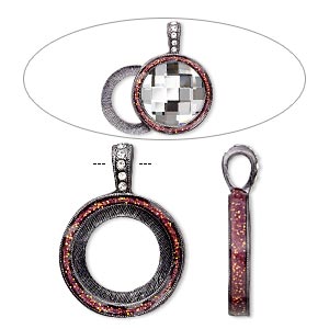 Pendant, Almost Instant Jewelry&reg;, epoxy / crystals / gunmetal-finished &quot;pewter&quot; (zinc-based alloy), rose pink and crystal clear with glitter, 33x24mm single-sided with 20mm round setting. Sold individually.