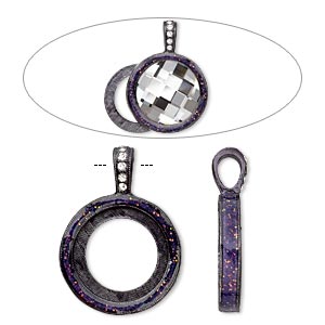 Pendant, Almost Instant Jewelry&reg;, epoxy / crystals / gunmetal-finished &quot;pewter&quot; (zinc-based alloy), amethyst purple and crystal clear with glitter, 33x24mm single-sided with 20mm round setting. Sold individually.