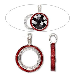 Pendant, Almost Instant Jewelry&reg;, epoxy / crystals / imitation rhodium-finished &quot;pewter&quot; (zinc-based alloy), light Siam red and crystal clear with glitter, 33x24mm single-sided with 20mm round setting. Sold individually.