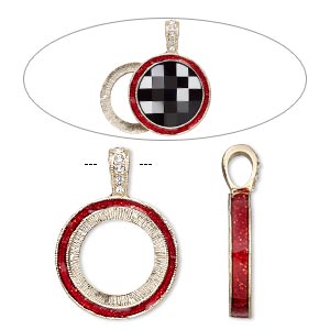 Pendant, Almost Instant Jewelry&reg;, epoxy / crystals / gold-finished &quot;pewter&quot; (zinc-based alloy), light Siam red and crystal clear with glitter, 33x24mm single-sided with 20mm round setting. Sold individually.