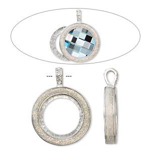 Pendant, Almost Instant Jewelry&reg;, epoxy / crystals / imitation rhodium-plated &quot;pewter&quot; (zinc-based alloy), crystal clear with glitter, 45x35mm single-sided with 30mm round setting. Sold individually.