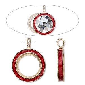 Pendant, Almost Instant Jewelry&reg;, epoxy / crystals / gold-finished &quot;pewter&quot; (zinc-based alloy), light Siam red and crystal clear with glitter, 45x35mm single-sided with 30mm round setting. Sold individually.
