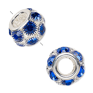 Bead, Egyptian glass rhinestone and silver-plated &quot;pewter&quot; (zinc-based alloy), dark blue, 18x12mm rondelle with 8mm hole. Sold individually.