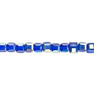 Bead, Celestial Crystal&reg;, 18-facet, transparent cobalt AB, 4mm faceted cube. Sold per 15-1/2&quot; to 16&quot; strand.