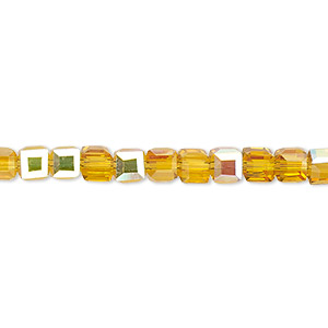 Bead, Celestial Crystal&reg;, 18-facet, transparent gold AB, 4mm faceted cube. Sold per 15-1/2&quot; to 16&quot; strand.