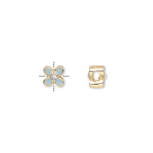 Bead, epoxy / glass rhinestone / gold-finished &quot;pewter&quot; (zinc-based alloy), light blue and clear, 6x6mm cross-drilled double-sided flower with 2mm hole. Sold per pkg of 4.