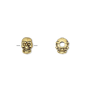 Bead, antique gold-finished &quot;pewter&quot; (zinc-based alloy), 8x5mm double-sided skull. Sold per pkg of 50.