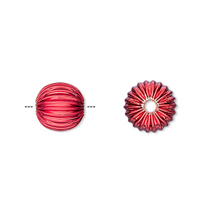 Bead, electro-coated brass, red, 10mm corrugated round. Sold per pkg of 10.