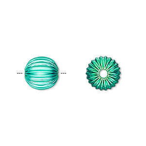 Bead, electro-coated brass, green, 10mm corrugated round. Sold per pkg of 10.
