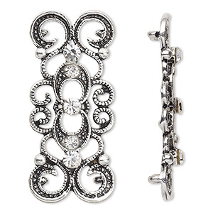 Spacer, antique silver-plated &quot;pewter&quot; (zinc-based alloy) and Czech glass rhinestone, clear, 39x16mm 2-strand fancy rectangle. Sold per pkg of 4.