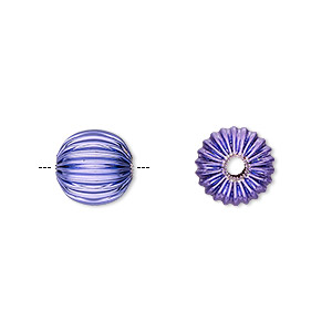 Bead, electro-coated brass, purple, 10mm corrugated round. Sold per pkg of 10.