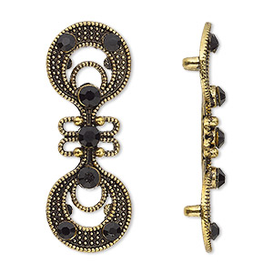 Spacer, antiqued gold-finished &quot;pewter&quot; (zinc-based alloy) and Czech glass rhinestone, black, 37x14mm 2-strand fancy double circle. Sold per pkg of 4.