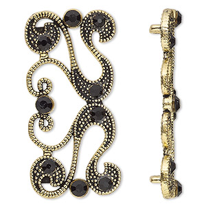 Spacer, antiqued gold-finished &quot;pewter&quot; (zinc-based alloy) and Czech glass rhinestone, black, 40x19mm 2-strand fancy rectangle. Sold per pkg of 4.