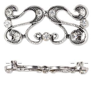 Spacer, antique silver-plated &quot;pewter&quot; (zinc-based alloy) and Czech glass rhinestone, clear, 40x19mm 2-strand fancy rectangle. Sold per pkg of 4.