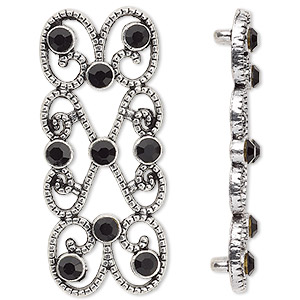 Spacer, antique silver-plated &quot;pewter&quot; (zinc-based alloy) and Czech glass rhinestone, black, 39x18mm 2-strand fancy rectangle. Sold per pkg of 4.