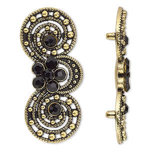 Spacer, antiqued gold-finished &quot;pewter&quot; (zinc-based alloy) and Czech glass rhinestone, black, 39x17mm 2-strand fancy double circle. Sold per pkg of 4.
