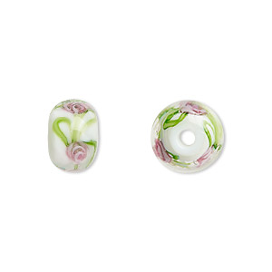 Bead, lampworked glass, opaque multicolored, 12x8mm rondelle with rose. Sold per pkg of 4.