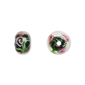 Bead, lampworked glass, opaque multicolored, 12x8mm rondelle with rose. Sold per pkg of 4.
