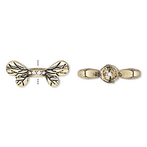 Bead, glass rhinestone and antique gold-finished &quot;pewter&quot; (zinc-based alloy), clear, 22x9.5mm bee wings. Sold per pkg of 2.