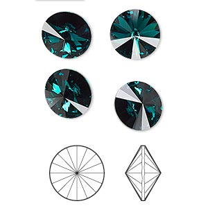 Chaton, Crystal Passions&reg;, emerald, foil back, 10.54-10.91mm faceted rivoli (1122), SS47. Sold per pkg of 4.