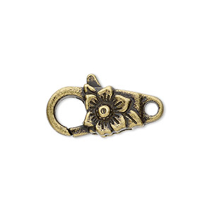 Clasp, lobster claw, antique brass-plated &quot;pewter&quot; (zinc-based alloy), 24x10.5mm with double-sided flower design. Sold per pkg of 6.