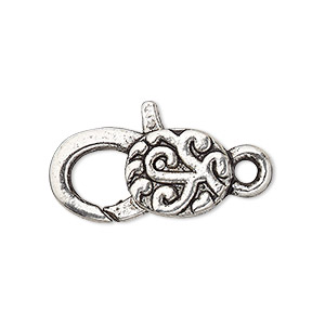 Clasp, lobster claw, antique silver-plated &quot;pewter&quot; (zinc-based alloy), 24.5x13mm with double-sided swirl design. Sold per pkg of 4.