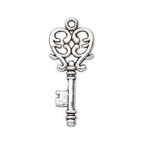 Focal, antique silver-plated &quot;pewter&quot; (zinc-based alloy), 30x13.5mm double-sided key with filigree heart design. Sold per pkg of 12.