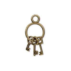 Fire Mountain Gems Brass Pewter Charm Findings - Charm, Antiqued Brass-Finished Pewter (Zinc-Based alloy), 21x12mm Double-Sided Old-Fashioned Key Ring (3) keys. Sold