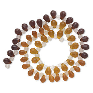 Bead, glass, translucent matte amber, brown and dark brown, 8x6mm top-drilled teardrop with irregular rondelles. Sold per 14-inch strand.