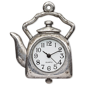 Watch face, stainless steel and antique silver-plated &quot;pewter&quot; (zinc-based alloy), white and black, 34mm single-sided tea kettle. Sold individually.