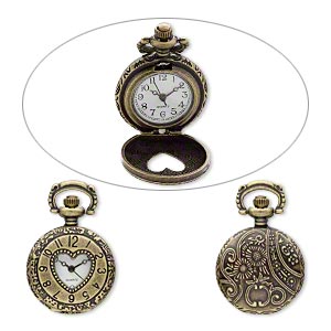 Watch face, antique brass-plated &quot;pewter&quot; (zinc-based alloy), white and black, 41x27mm pocket watch with numbers / heart-shaped window / flower and swirl design. Sold individually.