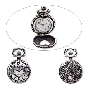 Watch face, antique silver-plated &quot;pewter&quot; (zinc-based alloy), white and black, 41x27mm pocket watch with numbers /  heart-shaped window / flower and swirl design. Sold individually.