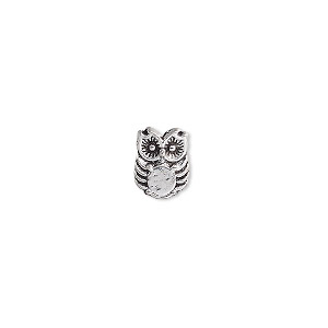 Bead, antique silver-plated &quot;pewter&quot; (zinc-based alloy), 10x8mm owl with SS20 rose setting. Sold per pkg of 20.