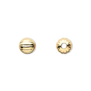 Bead, gold-plated brass, 8mm corrugated round. Sold per pkg of 10.