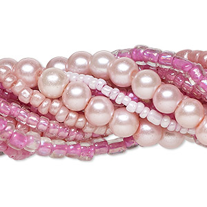 Bead assortment, glass, opaque to transparent light to dark pink, 3x1mm-6mm round and irregular rondelle. Sold per pkg of (8) 14-inch strands, approximately 1,200 beads.